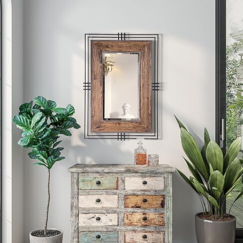 مرآة مستطيلة بإطار معدني وخشبي، مرايا حمام للحوض فوق المغسلة، مضادة للصدأ، زجاج مقسى، مرايا للحائط، الزينة، مرآة الحمام، مقاس 41 × 30 بوصة in Kuwait