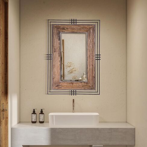 مرآة مستطيلة بإطار معدني وخشبي، مرايا حمام للحوض فوق المغسلة، مضادة للصدأ، زجاج مقسى، مرايا للحائط، الزينة، مرآة الحمام، مقاس 41 × 30 بوصة in Kuwait