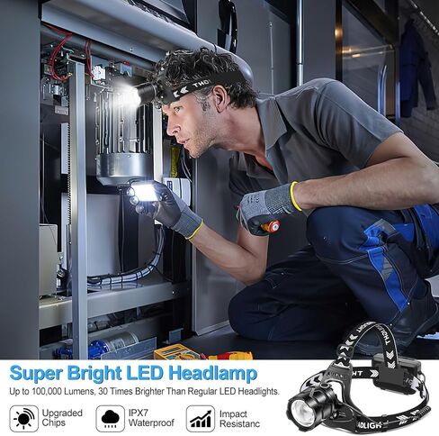 مصباح راس LED قابل لاعادة الشحن 150000 لومن فائق السطوع مع 10 اوضاع ومستشعر حركة، مصباح راس قابل للتكبير، مقاوم للماء بدرجة IPX7، قابل للتعديل 135 درجة للمشي لمسافات طويلة والتخييم والجري من يوغان - in Kuwait