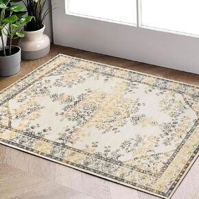 سجادة Carvapet Boho ذات الأزهار الصغيرة ذات المساحة الصغيرة - 3 × 5 بوصات، سجادة غرفة نوم داخلية قابلة للغسل مع ظهر مانع للانزلاق، سجادة رمي لغرفة المعيشة أو المطبخ أو المدخل (3 × 5، رمادي وأصفر) in Kuwait