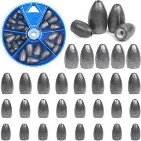 Bullet Fishing Sinkers Weights Kit,29pcs Worm Weights Slip Sliding Sinkers Flipping Weights Fishing Sinkers for Bass Fishing Texas Rigs Saltwater Freshwater Fishing Tackle