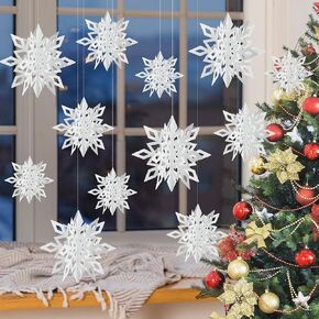 Snowflake Decorations, 12 PCS Hanging Snow Flakes Christmas Ornaments 3D White Paper Snowflakes for Frozen Party Winter Wonderland Christmas Tree Home Decorations Supplies