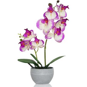 Purple Orchid Artificial Flowers 2 Stems in Grey Pot, Potted Faux Orchid Flower for Home Bathroom Table Living Room Office Kitchen Decor