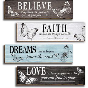 4 قطع من ديكور حائط المكتب الخشبي الريفي على شكل فراشة، مقولة ملهمة مع علامة الحب الإيمان صدق حلم الخشب، لوحات جدارية تحفيزية معلقة للمكتب وغرفة المعيشة والحمام وغرفة النوم-34 in Kuwait