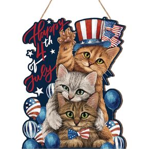 Geelin 4th of July Patriotic Door Sign Wood Front Door Decor Independence Day Wood Floral Flag Hanging Sign Memorial Day Hanging Wall Decor for Front Door Porch Home Wall Wreath Porch Decorations