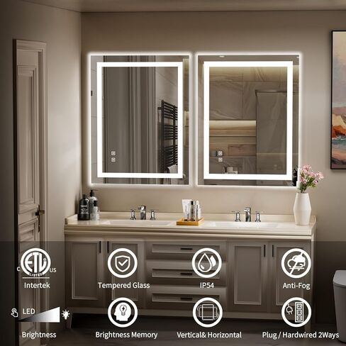 مرآة SHUAFA LED للحمام، بإضاءة خلفية مقاس 24 × 32 بوصة + مرآة زينة للحمام بإضاءة أمامية مع أضواء للجدار، وشرائط إضاءة مزدوجة، 3 ألوان، مقاومة للكسر، ومضادة للضباب وذاكرة السطوع in Kuwait