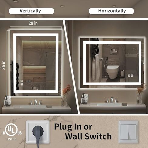 مرآة SHUAFA LED للحمام، بإضاءة خلفية مقاس 24 × 32 بوصة + مرآة زينة للحمام بإضاءة أمامية مع أضواء للجدار، وشرائط إضاءة مزدوجة، 3 ألوان، مقاومة للكسر، ومضادة للضباب وذاكرة السطوع in Kuwait