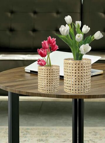 Serene Spaces Living Small Glass Hurricane Candle Holder Wrapped in Woven Rattan Cane, Candle Centerpieces for Tables, Wedding Reception Vases, Use for Living Room, Measures 6.25" Tall & 5" Diameter in Saudi Arabia
