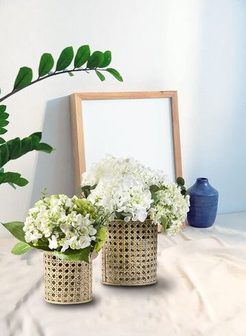 Serene Spaces Living Small Glass Hurricane Candle Holder Wrapped in Woven Rattan Cane, Candle Centerpieces for Tables, Wedding Reception Vases, Use for Living Room, Measures 6.25" Tall & 5" Diameter in Saudi Arabia