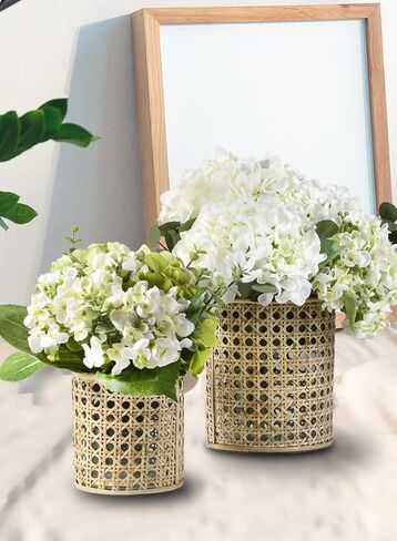 Serene Spaces Living Small Glass Hurricane Candle Holder Wrapped in Woven Rattan Cane, Candle Centerpieces for Tables, Wedding Reception Vases, Use for Living Room, Measures 6.25" Tall & 5" Diameter in Saudi Arabia