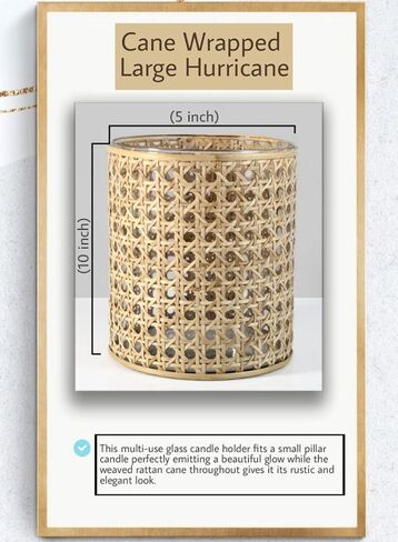 Serene Spaces Living Small Glass Hurricane Candle Holder Wrapped in Woven Rattan Cane, Candle Centerpieces for Tables, Wedding Reception Vases, Use for Living Room, Measures 6.25" Tall & 5" Diameter in Saudi Arabia