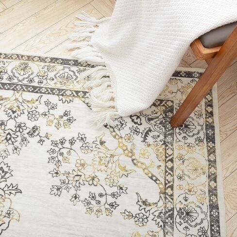 سجادة Carvapet Boho ذات الأزهار الصغيرة ذات المساحة الصغيرة - 3 × 5 بوصات، سجادة غرفة نوم داخلية قابلة للغسل مع ظهر مانع للانزلاق، سجادة رمي لغرفة المعيشة أو المطبخ أو المدخل (3 × 5، رمادي وأصفر) in Kuwait