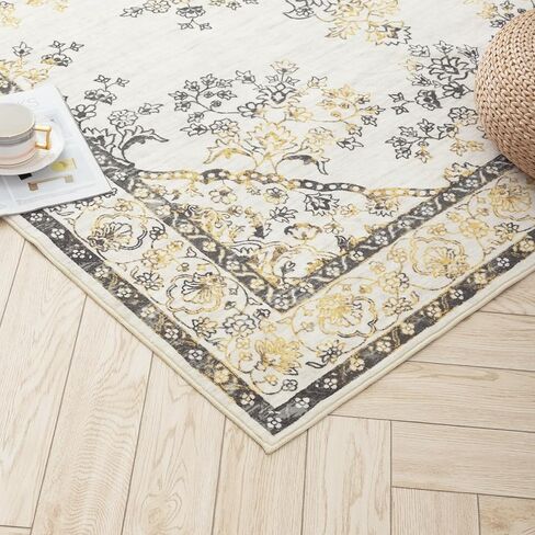سجادة Carvapet Boho ذات الأزهار الصغيرة ذات المساحة الصغيرة - 3 × 5 بوصات، سجادة غرفة نوم داخلية قابلة للغسل مع ظهر مانع للانزلاق، سجادة رمي لغرفة المعيشة أو المطبخ أو المدخل (3 × 5، رمادي وأصفر) in Kuwait