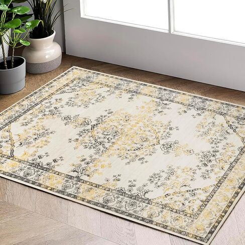 سجادة Carvapet Boho ذات الأزهار الصغيرة ذات المساحة الصغيرة - 3 × 5 بوصات، سجادة غرفة نوم داخلية قابلة للغسل مع ظهر مانع للانزلاق، سجادة رمي لغرفة المعيشة أو المطبخ أو المدخل (3 × 5، رمادي وأصفر) in Kuwait