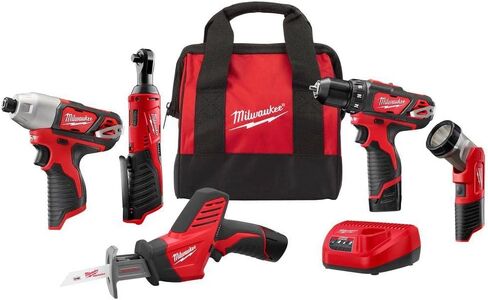 Milwaukee 2498-25 M12 12V Cordless 5-Tool Combo Kit: 2407-20 3/8 in.Drill/Driver + 2462-20 1/4 in. Hex Impact Driver+2420-20 Hackzall Recip Saw+2457-20 3/8 in.Ratchet+49-24-0146 LED Worklight,YKGAV in Saudi Arabia