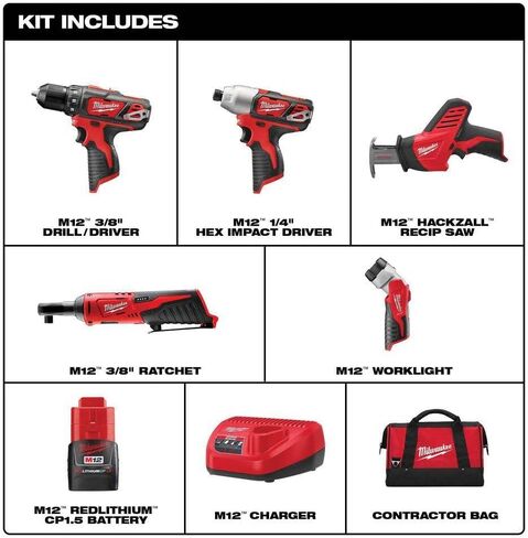 Milwaukee 2498-25 M12 12V Cordless 5-Tool Combo Kit: 2407-20 3/8 in.Drill/Driver + 2462-20 1/4 in. Hex Impact Driver+2420-20 Hackzall Recip Saw+2457-20 3/8 in.Ratchet+49-24-0146 LED Worklight,YKGAV in Saudi Arabia