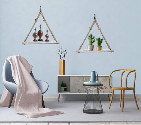 مجموعة من 2 ارفف معلقة من الخشب من الحبل، ارفف معلقة لتزيين الحائط، رف نباتات خشبي معلق على الحائط، ارفف حبل للتعليق على الحائط لغرفة المعيشة وغرفة النوم والحمام والمطبخ (ابيض) in Kuwait