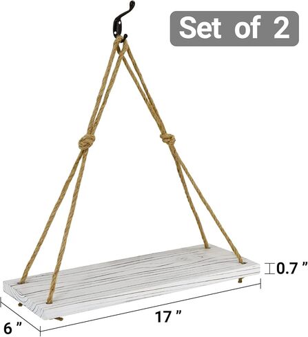 مجموعة من 2 ارفف معلقة من الخشب من الحبل، ارفف معلقة لتزيين الحائط، رف نباتات خشبي معلق على الحائط، ارفف حبل للتعليق على الحائط لغرفة المعيشة وغرفة النوم والحمام والمطبخ (ابيض) in Kuwait