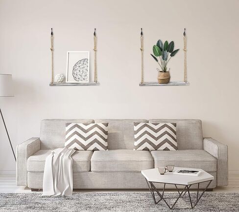 مجموعة من 2 ارفف معلقة من الخشب من الحبل، ارفف معلقة لتزيين الحائط، رف نباتات خشبي معلق على الحائط، ارفف حبل للتعليق على الحائط لغرفة المعيشة وغرفة النوم والحمام والمطبخ (ابيض) in Kuwait