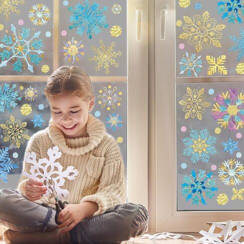 ملصقات نافذة عيد الميلاد من GreenPine للنوافذ الزجاجية 6 أوراق، ملصقات نافذة ندفة الثلج بألوان مائية لعطلة الشتاء وديكورات نوافذ عيد الميلاد لمستلزمات الحفلات الزجاجية in Saudi Arabia