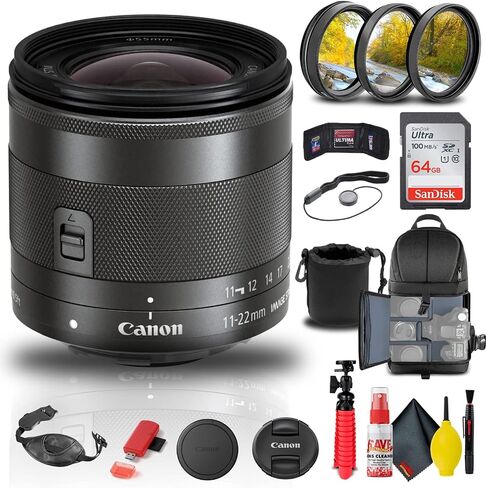 Canon EF-M 11-22mm f/4-5.6 is STM Lens (7568B002) + Filter Kit + Backpack + 64GB Card + Lens Pouch + Card Reader + Tripod + Memory Wallet + Cap Keeper + Cleaning Kit + Hand Strap + More (Renewed) in Saudi Arabia