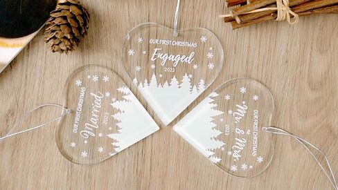 FKOG Heart Shape Glass Our First Christmas Engaged Ornament 2023, Mr & Mrs Couple Engagement Christmas Tree Decoration Ideas Gifts in Kuwait