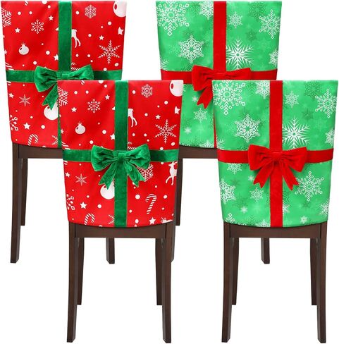 4 Pack Christmas Dining Chair Slipcovers Chair Back Covers Bowknot Gift Package Design, Removable Washable Chair Protector Slipcovers for Christmas Home, Kitchen, Dining Room Chair Decoration in Saudi Arabia