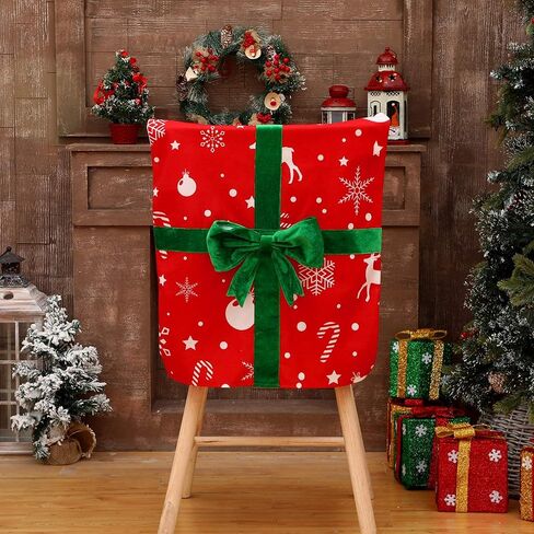 4 Pack Christmas Dining Chair Slipcovers Chair Back Covers Bowknot Gift Package Design, Removable Washable Chair Protector Slipcovers for Christmas Home, Kitchen, Dining Room Chair Decoration in Saudi Arabia