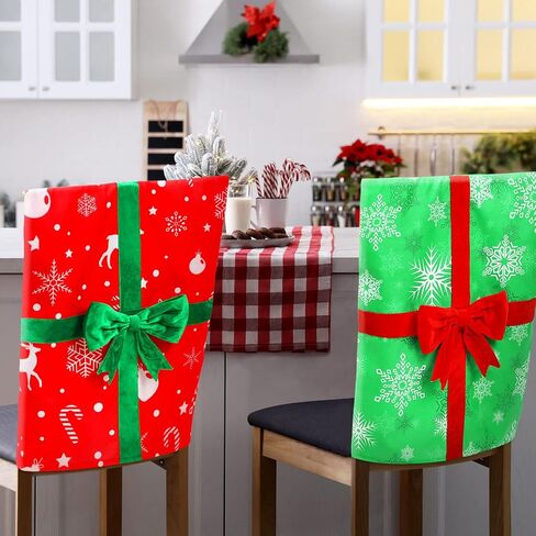 4 Pack Christmas Dining Chair Slipcovers Chair Back Covers Bowknot Gift Package Design, Removable Washable Chair Protector Slipcovers for Christmas Home, Kitchen, Dining Room Chair Decoration in Saudi Arabia