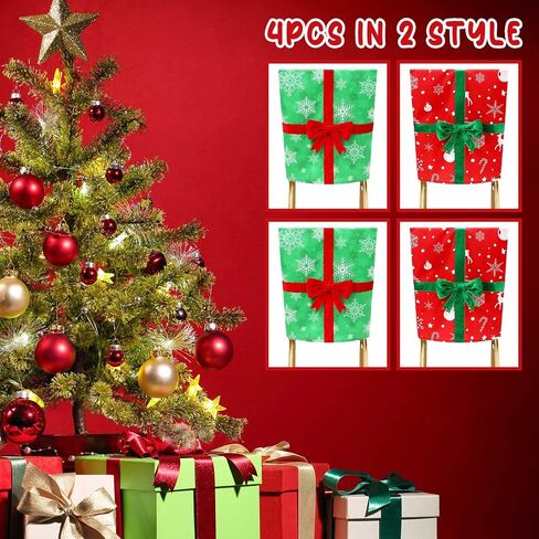 4 Pack Christmas Dining Chair Slipcovers Chair Back Covers Bowknot Gift Package Design, Removable Washable Chair Protector Slipcovers for Christmas Home, Kitchen, Dining Room Chair Decoration in Saudi Arabia