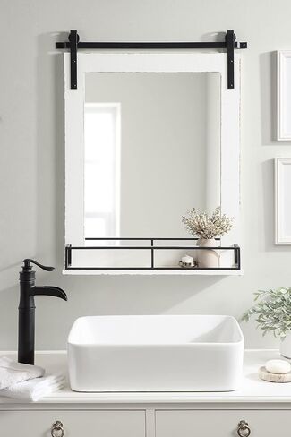 مرآة مؤطرة لبيت المزرعة من Kate and Laurel Cates مع رف، مقاس 24 × 31، باللون الأبيض، مرآة حائط ريفية مزخرفة مع رف عملي للتخزين والعرض in Saudi Arabia