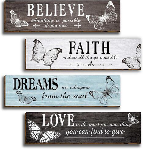 4 قطع من ديكور حائط المكتب الخشبي الريفي على شكل فراشة، مقولة ملهمة مع علامة الحب الإيمان صدق حلم الخشب، لوحات جدارية تحفيزية معلقة للمكتب وغرفة المعيشة والحمام وغرفة النوم-34 in Kuwait