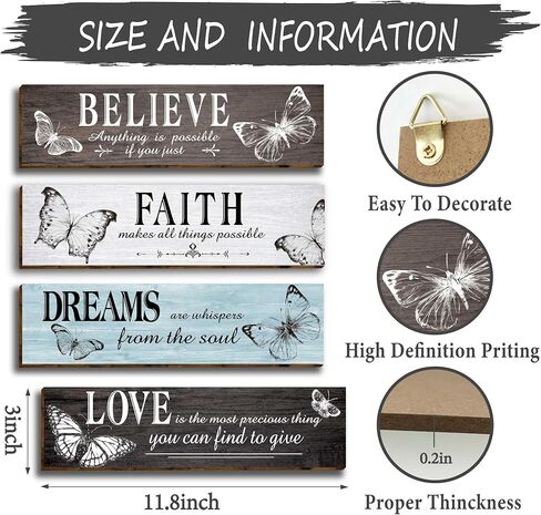 4 قطع من ديكور حائط المكتب الخشبي الريفي على شكل فراشة، مقولة ملهمة مع علامة الحب الإيمان صدق حلم الخشب، لوحات جدارية تحفيزية معلقة للمكتب وغرفة المعيشة والحمام وغرفة النوم-34 in Kuwait