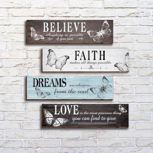 4 قطع من ديكور حائط المكتب الخشبي الريفي على شكل فراشة، مقولة ملهمة مع علامة الحب الإيمان صدق حلم الخشب، لوحات جدارية تحفيزية معلقة للمكتب وغرفة المعيشة والحمام وغرفة النوم-34 in Kuwait
