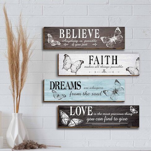 4 قطع من ديكور حائط المكتب الخشبي الريفي على شكل فراشة، مقولة ملهمة مع علامة الحب الإيمان صدق حلم الخشب، لوحات جدارية تحفيزية معلقة للمكتب وغرفة المعيشة والحمام وغرفة النوم-34 in Kuwait