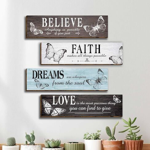 4 قطع من ديكور حائط المكتب الخشبي الريفي على شكل فراشة، مقولة ملهمة مع علامة الحب الإيمان صدق حلم الخشب، لوحات جدارية تحفيزية معلقة للمكتب وغرفة المعيشة والحمام وغرفة النوم-34 in Kuwait