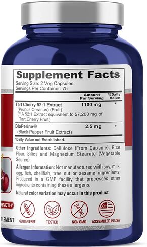 NusaPure Tart Cherry Veggie Capsules | 57,200mg | 150 Pills | Max Potency | Vegan, Non-GMO, Gluten Free | Tart Cherry Juice Extract in Saudi Arabia