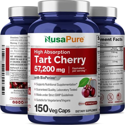 NusaPure Tart Cherry Veggie Capsules | 57,200mg | 150 Pills | Max Potency | Vegan, Non-GMO, Gluten Free | Tart Cherry Juice Extract in Saudi Arabia
