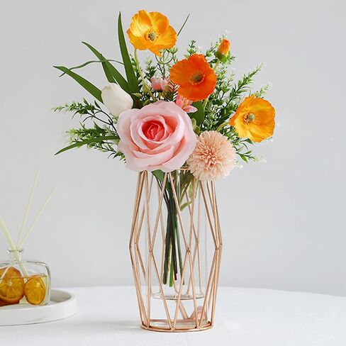 Geometric Glass Vase with Metal Bracket, Transparent Inner Vase, Hand-Plated Metal Geometric Vase, Gold Color Vase Decoration for Home Office Wedding Holiday Party Gifts in Kuwait