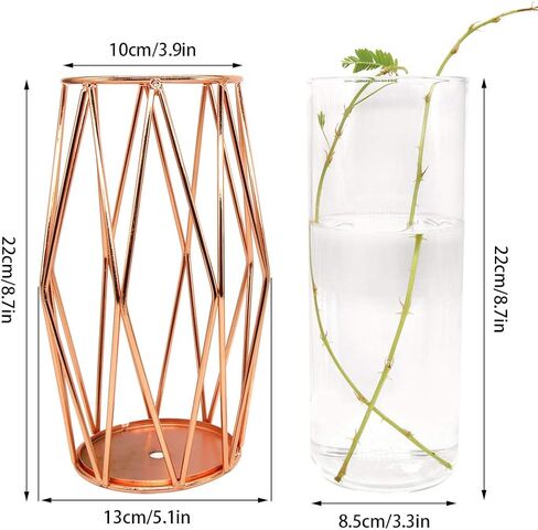 Geometric Glass Vase with Metal Bracket, Transparent Inner Vase, Hand-Plated Metal Geometric Vase, Gold Color Vase Decoration for Home Office Wedding Holiday Party Gifts in Kuwait