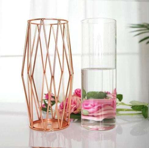 Geometric Glass Vase with Metal Bracket, Transparent Inner Vase, Hand-Plated Metal Geometric Vase, Gold Color Vase Decoration for Home Office Wedding Holiday Party Gifts in Kuwait