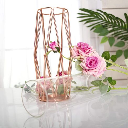 Geometric Glass Vase with Metal Bracket, Transparent Inner Vase, Hand-Plated Metal Geometric Vase, Gold Color Vase Decoration for Home Office Wedding Holiday Party Gifts in Kuwait