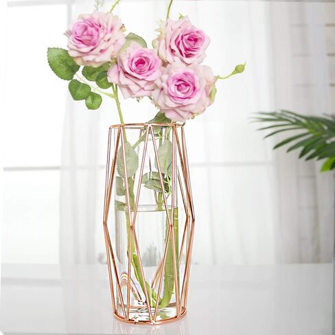 Geometric Glass Vase with Metal Bracket, Transparent Inner Vase, Hand-Plated Metal Geometric Vase, Gold Color Vase Decoration for Home Office Wedding Holiday Party Gifts in Kuwait