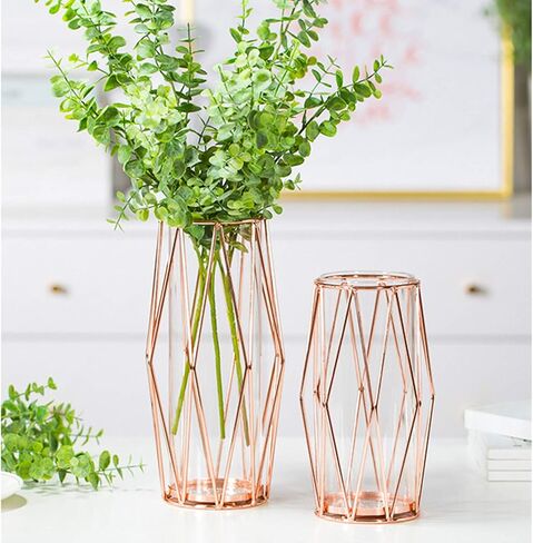 Geometric Glass Vase with Metal Bracket, Transparent Inner Vase, Hand-Plated Metal Geometric Vase, Gold Color Vase Decoration for Home Office Wedding Holiday Party Gifts in Kuwait
