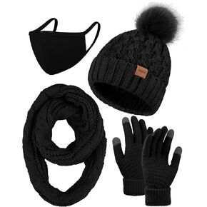 Aneco Winter Warm Knit Set Infinity Scarf Pompom Beanie Hat Touchscreen Gloves Face Cover for Men and Women in Kuwait