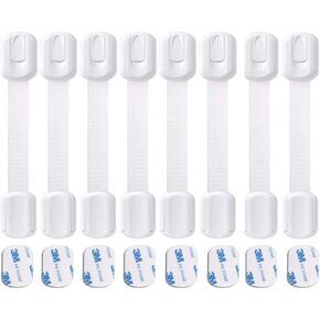 Child Proofing Safety Locks - 8 Pack Baby Proof Lock with 8 Extra 3M Adhesives -Adjustable Flexible Strap Latches to Cabinet, Drawer, Cupboard, Toilet-Seat, Fridge, Oven, Window, Door -Black