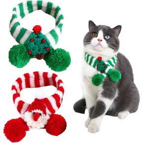2 Pieces Christmas Pet Scarf Striped Knitted Pet Collar with Pom-pom Winter Dog Neck Warmer Puppy Cat Costume Accessories Mini Knitted Scarf for Small to Medium Pets (Medium, Plush)