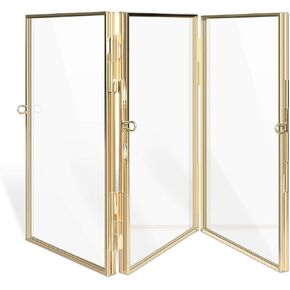 Navaris Folding Triple Photo Frame - Floats 6x4 Photos - Double-Sided Brass and Glass Picture Frame for Multiple Portrait Pictures - Size S, Gold