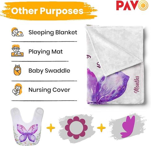 بطانية Pavo Premium Sunflower Milestone للفتيات الصغيرات - تتضمن إطارًا حصريًا لأوراق الشجر - بطانية شهرية مخصصة للأطفال حديثي الولادة - 60 بوصة × 40 بوصة مستلزمات طفلة عباد الشمس in Kuwait