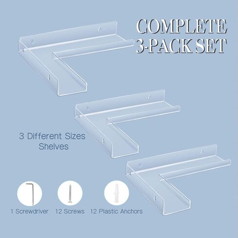 LadyRosian Clear Acrylic Floating Corner Shelves Wall Mounted 5MM Thick Bookshelf Invisible Collection Display Storage Floating Wall Ledge Shelf for Room, Kitchen, Office (3 Pack) in Saudi Arabia